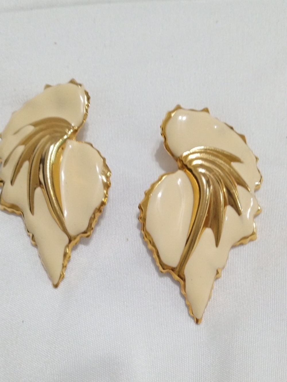 Cream and Gold Leaf-Shaped Clip Earrings